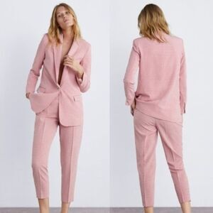 ZARA Gingham Suit (M) Summer Pink & White Seersucker Blazer Jacket Pants Set